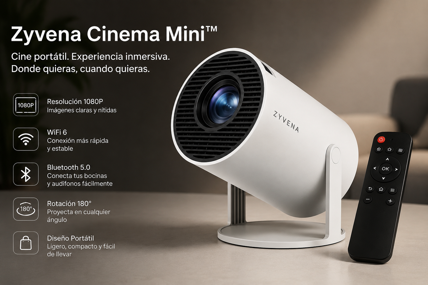 Proyección de cine en casa con Mini Proyector Zyvena